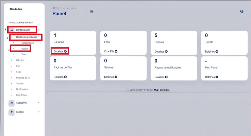 Acesso à área para administrar sua equipe, a partir do dashboard