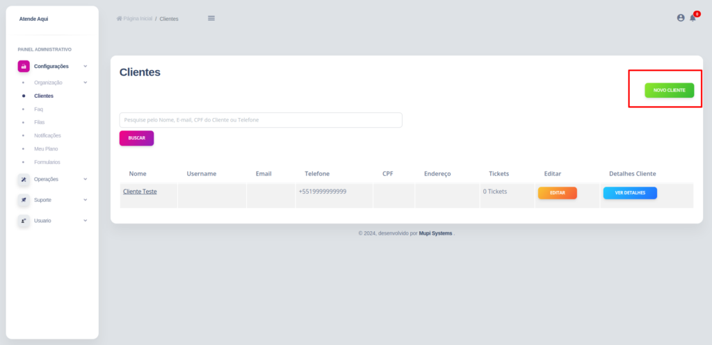 Listagem de clientes cadastrados, com o botão Novo Cliente