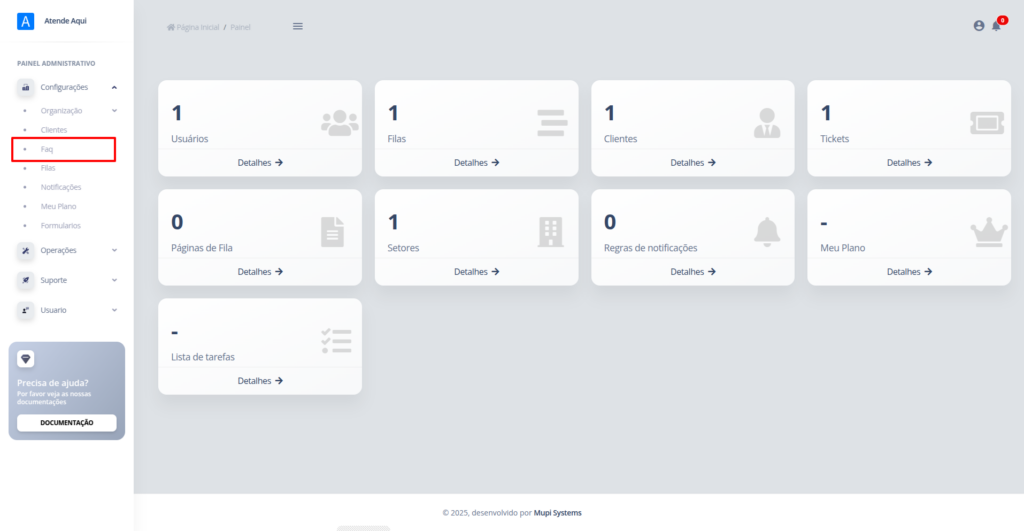 Menu lateral com a opção FAQ dentro de Configurações
