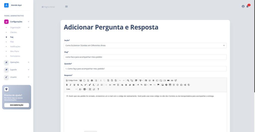 Formulário de pergunta e resposta, com seção, slug, pergunta e resposta