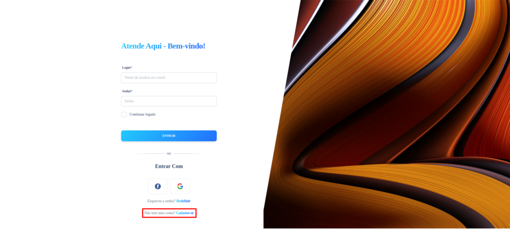 Tela de login, com a opção Cadastre-se