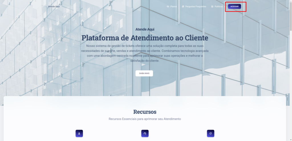 Página inicial da plataforma, com o botão Acessar no canto superior direito