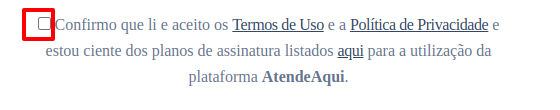 Caixa de aceite dos termos de uso e da política de privacidade